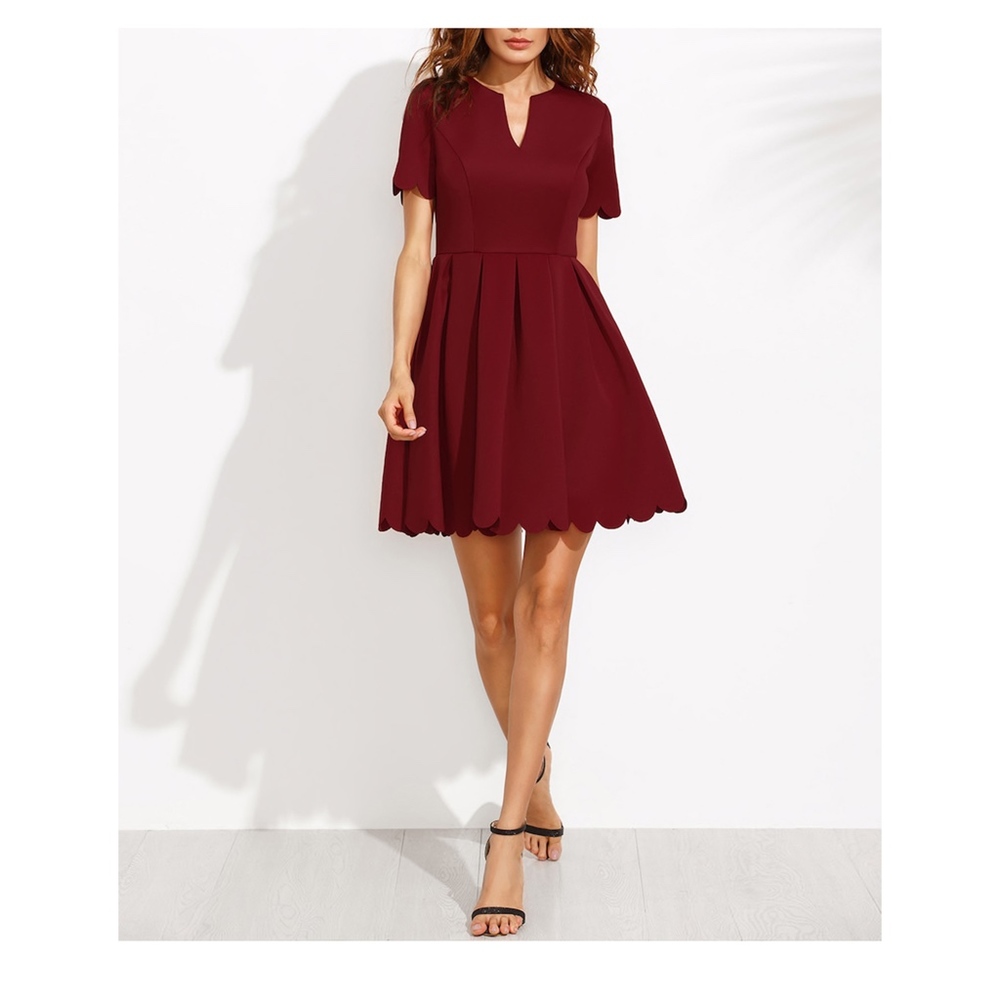 V Neck Fit & Flare Scallop Skater Dress Burgundy Red - Picture 6 of 7
